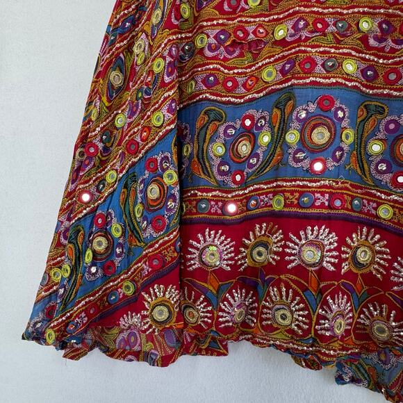 Soft Surroundings Ethnic Wrap Skirt L Boho Embroidered Mirror Sequin Maxi - Picture 6 of 8
